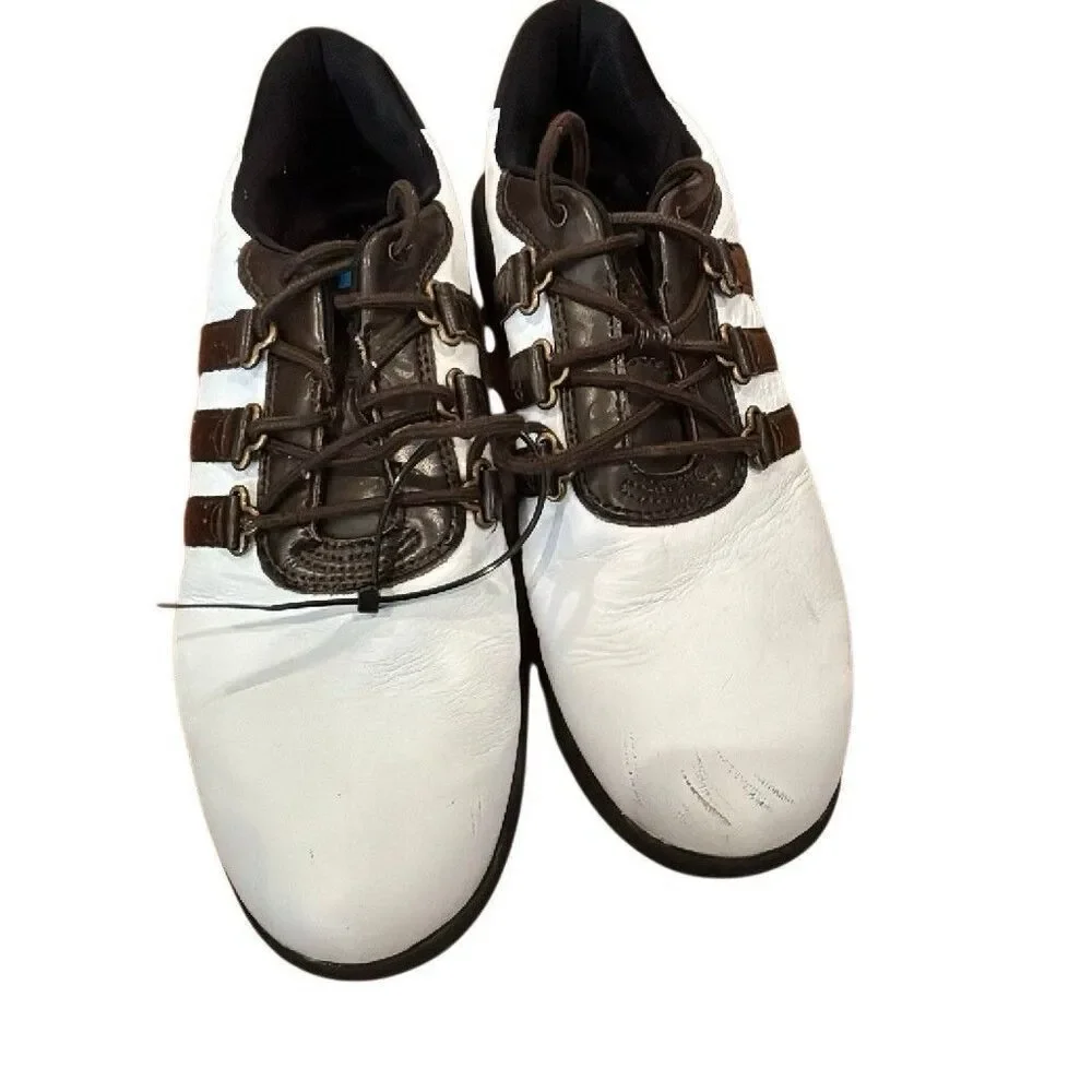 adidas Adipure Men's Golf Shoes Leather Spiked Lace Up White Brown Black size 9